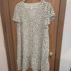 "I Love" Button Down Flutter Sleeve Geometric Pattern Flowy Lined Dress-Small